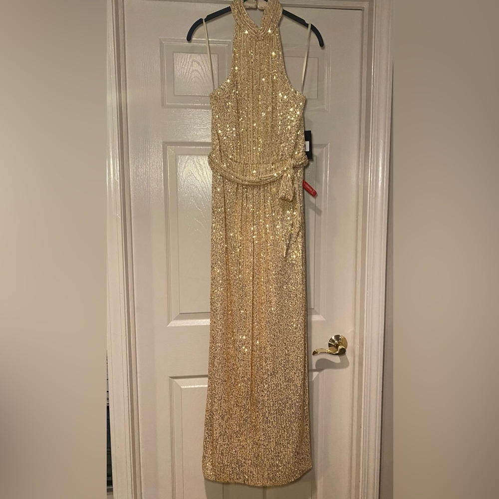 NWT Ieena for‎ Mac Duggal Sequined Halter Neck Belted Soft Tie Dress - Picture 8 of 9